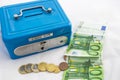 Stacks of euro coins and banknotes in a cash box Royalty Free Stock Photo