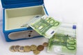 Stacks of euro coins and banknotes in a cash box Royalty Free Stock Photo