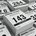 Stacks of event bibs showing randomly generated text and numbers, indicating race Royalty Free Stock Photo