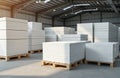 Stacks of expanded polystyrene sheets on wooden pallets inside industrial warehouse. White styrofoam blocks for thermal isolation Royalty Free Stock Photo