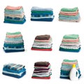 Set of Stacks of folded clothes on white background Royalty Free Stock Photo