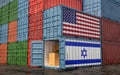 Stacks of Freight containers. USA and Israel flag.