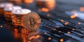 Stacks of glowing Bitcoin coins on digital platform, symbolizing cryptocurrency