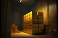 Stacks of gold bullion and safe deposit boxes in bank depository room. Neural network generated art