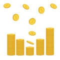 Stacks of gold coin icon flying falling down. Diagram shape. Dollar sign symbol. Cash money. Going up graph. Income and profits. G Royalty Free Stock Photo