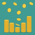 Stacks of gold coin icon flying falling down. Diagram shape. Dollar sign symbol. Cash money. Going up graph. Income and profits. G