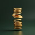 Stacks of gold coins appear to defy gravity against a dark green background