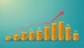 Stacks of gold coins with upward trending red arrow graph Royalty Free Stock Photo