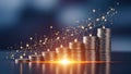 Stacks of golden coins rising with a glowing digital data graph and sparkling lights signifying financial growth and Royalty Free Stock Photo