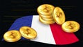 Stacks of gold coins of Bitcoin BTC on colored flag of France on dark digital background. Central Bank of France adopts laws on