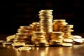 Stacks of gold coins on black background Royalty Free Stock Photo