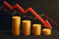 Stacks of gold coins decreasing in size with a red downward arrow and stock market chart red arrow Royalty Free Stock Photo