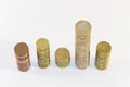 Stacks of gold coins of different levels, on a white background. Concept of financial growth success Royalty Free Stock Photo
