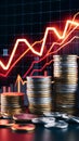 Stacks of gold coins with digital graph displaying financial data in background Royalty Free Stock Photo