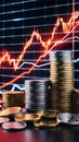 Stacks of gold coins with digital graph displaying financial data in background Royalty Free Stock Photo