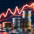 Stacks of gold coins with digital graph displaying financial data in background Royalty Free Stock Photo
