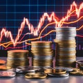 Stacks of gold coins with digital graph displaying financial data in background Royalty Free Stock Photo