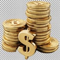 Stacks of gold coins with dollar and bitcoin symbol, isolated on transparent background Royalty Free Stock Photo