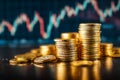 Stacks of gold coins with financial chart in the background Royalty Free Stock Photo