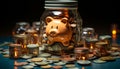 Stacks of gold coins spill from the piggy bank jar generated by AI Royalty Free Stock Photo