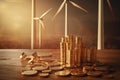Stacks of gold coins with windmills on background. Return on investment on renewable clean energy.