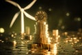 Stacks of golden coins with windmills on background. Return on investment on renewable clean energy.