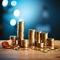 Stacks of golden coins on wooden desk, blue backdrop, up arrows Royalty Free Stock Photo