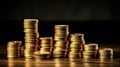 Stacks of golden coins on wooden table and black background. Business concept. Generative AI Royalty Free Stock Photo