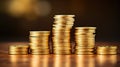 Stacks of golden coins on wooden table with bokeh background Generative AI Royalty Free Stock Photo