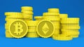 Stacks of golden cryptocurrency coins, Bitcoins and Ethereum and blue background. Representation of its value. Three-dimensional