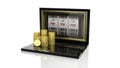 Stacks of golden Dollar coins on laptop with 777 slots on screen