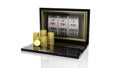 Stacks of golden Euro coins on laptop with 777 slots on screen