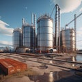 stacks of grain in granaries. grain deal concept, metal grain storage racks next to railways and seaport