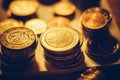 Stacks of iron golden coins on the table Royalty Free Stock Photo