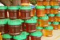 Stacks of Jars of Natural Honey in a Local Stall of Georgia`s Countryside