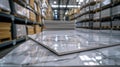 Stacks of marble tiles in a warehouse, rows of shelves in background. Royalty Free Stock Photo