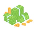 Stacks of money and coins in isometric view. Financial success and savings concept. Wealth accumulation vector Royalty Free Stock Photo