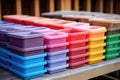 stacks of multicolor storage boxes in a cool dry place
