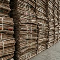Stacks of newspapers bound with white string are piled high in an organized manner Royalty Free Stock Photo