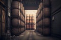 Stacks of oil barrels in oil refinery warehouse. Neural network generated art