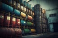 Stacks of oil barrels in oil refinery warehouse. Neural network generated art