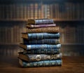 Stacks of old books on wooden desk in old library. Ancient books historical background. Retro style. Conceptual background on Royalty Free Stock Photo