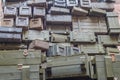 Stacks of old military ammunition boxes