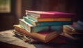 Stacks of old textbooks on library shelves generated by AI Royalty Free Stock Photo