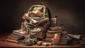 Stacks of old textbooks on wooden shelves generated by AI Royalty Free Stock Photo