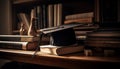 Stacks of old textbooks on wooden shelves generated by AI Royalty Free Stock Photo