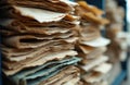 Stacks of old worn paper sheets in various shades of brown, blue. Folds, tears visible on surface. Background blurred with Royalty Free Stock Photo