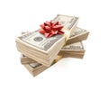 Stacks of One Hundred Dollar Bills with Red Bow On Top Royalty Free Stock Photo