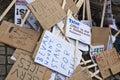 Stacks of placards piled up at Exeter Cathedral