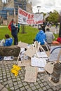 Stacks of placards piled up at Exeter Cathedral